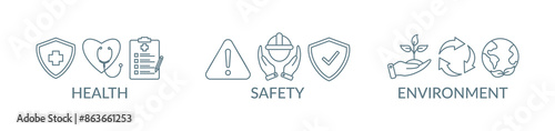 HSE banner concept illustration with icon health, safety, environment 