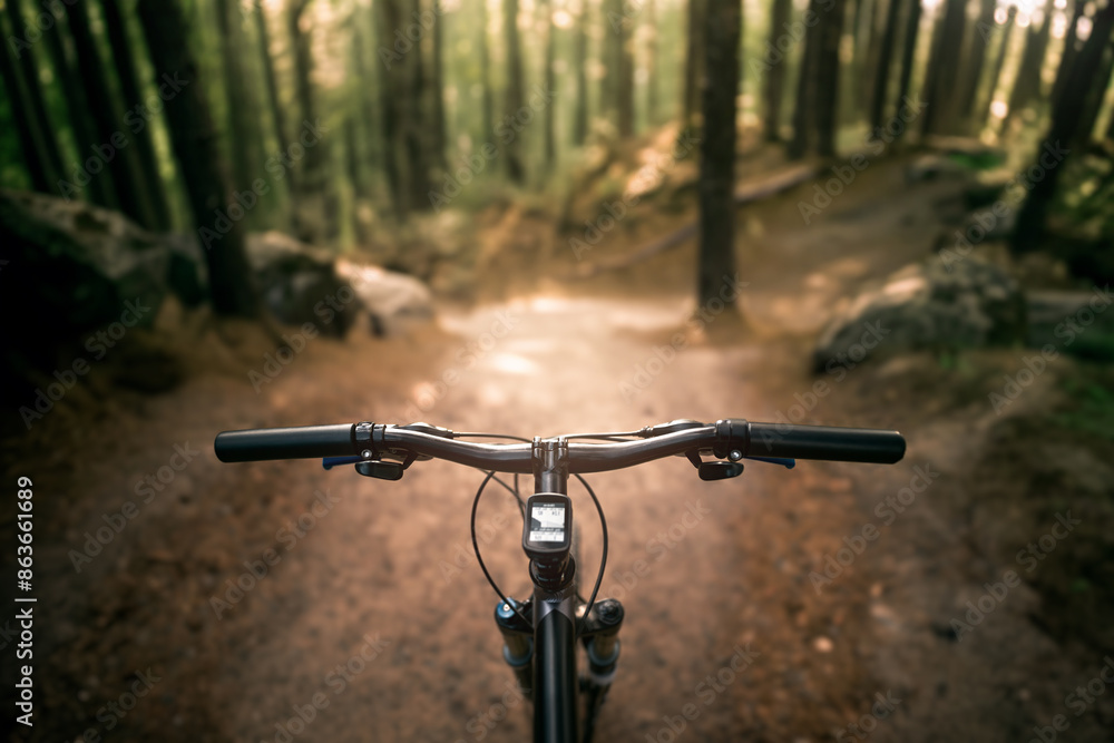 Embracing Freedom on Forest Trails with Mountain bike with air suspension fork. Bike POV handlebar. Embracing Freedom on Forest Trails with Mountain bike with air suspension fork. Bike POV handlebar.