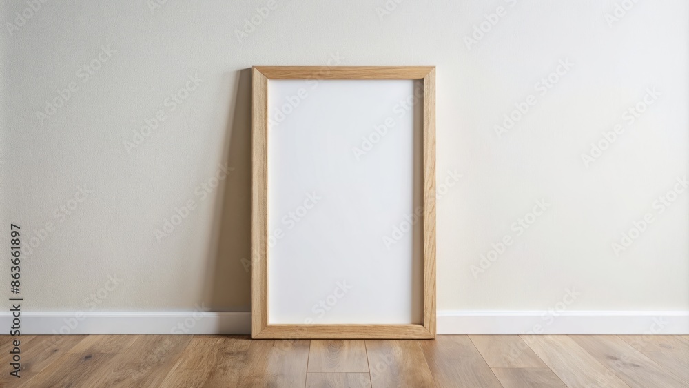 Elegant single oak wood frame mockup on a clean white wall, featuring a blank vertical artwork template, perfect for showcasing your digital art or photography. Elegant single oak wood frame mockup on a clean white wall, featuring a blank vertical artwork template, perfect for showcasing your digital art or photography.