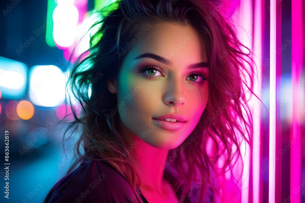 Obraz premium Young woman portrait under neon colored lights
