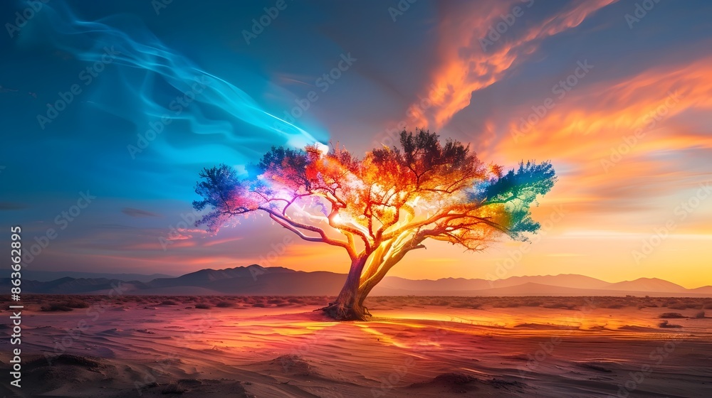 Dramatic Sunset Illuminates Twisted Desert Tree Against Vibrant Sky Dramatic Sunset Illuminates Twisted Desert Tree Against Vibrant Sky