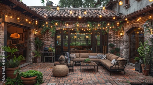 A cozy outdoor patio with a brick wall and string lights overhead.
