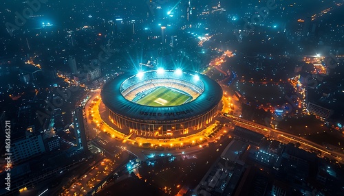 Aerial view of the cricket stadium at night in Shanghai, China