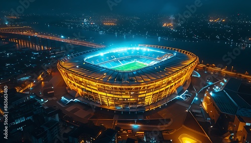 Aerial view of the Luzhniki Stadium at night. Luzhniki Stadium is a football stadium in Moscow, Russia.