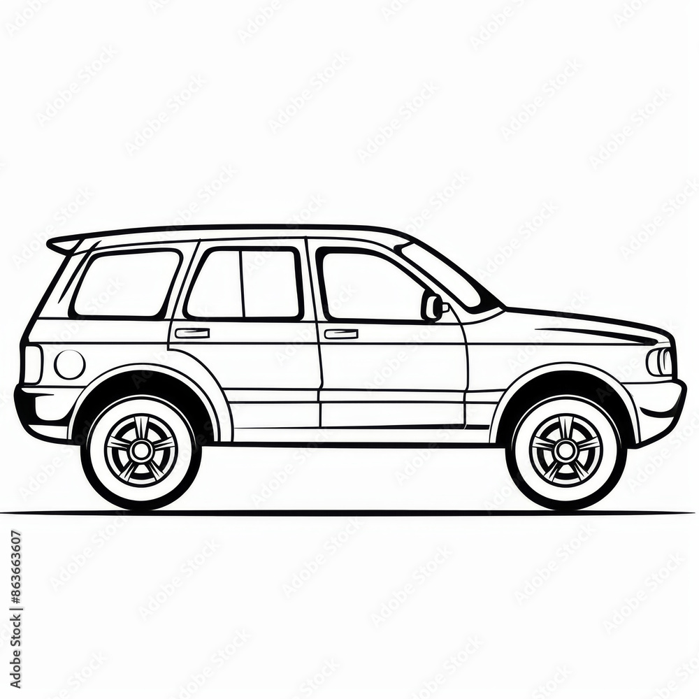 Black and white outline drawing of an SUV viewed from the side, showcasing its design and structure. Black and white outline drawing of an SUV viewed from the side, showcasing its design and structure.