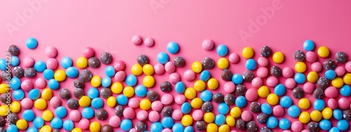  A pink background with a waving pattern of blue, yellow, and pink candies on a pink surface