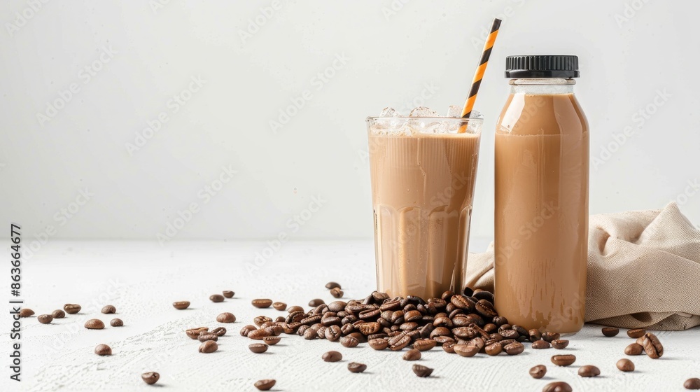 Latte Ice Coffee Beans and Bottle on White Background with Isolated Picture Concept Latte Ice Coffee Beans and Bottle on White Background with Isolated Picture Concept