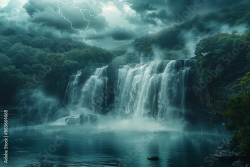 Waterfall with thunderstorm, dark clouds, morning fog, sun rays breaking through, flashes of lightning, mist rising, serene flow, vibrant colors, dramatic weather, nature's power,