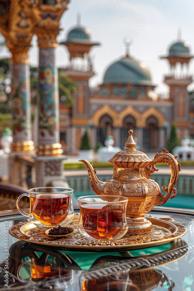 Fototapeta premium Middle Eastern style tea sets and tea drinks in Middle Eastern buildings