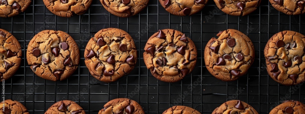 A tight shot of numerous chocolate chip cookies on a cooling rack Chocolate chips adorn both cookie surfaces - tops and bottoms A tight shot of numerous chocolate chip cookies on a cooling rack Chocolate chips adorn both cookie surfaces - tops and bottoms