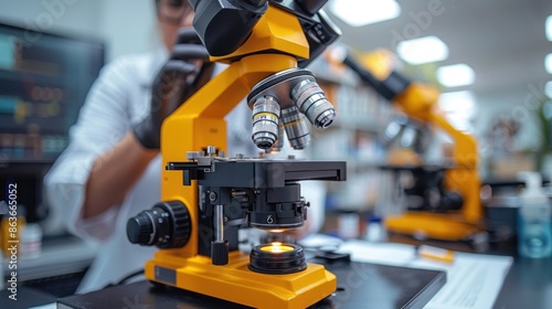 Yellow Microscope in a Laboratory Setting