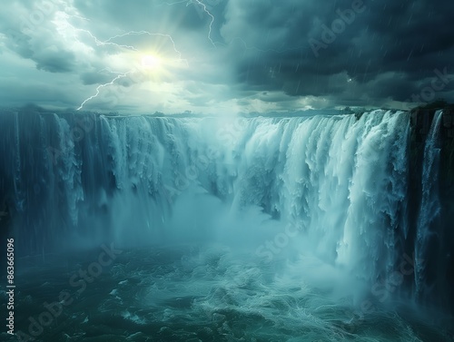 Waterfall with thunderstorm, dark clouds, morning fog, sun rays breaking through, flashes of lightning, mist rising, serene flow, vibrant colors, dramatic weather, nature's power,