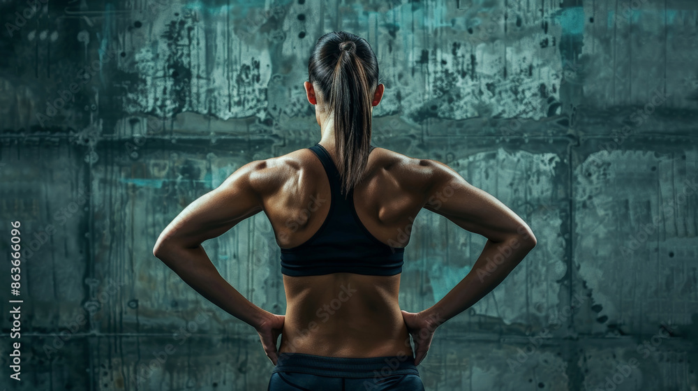 Fototapeta premium A woman with a black tank top and ponytail is standing in front of a wall