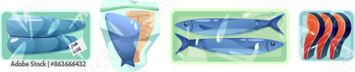 Frozen seafood package. Ice salmon plastic storage. Fish grocery pack for supermarket refrigerator. Freezer vacuum wrap for different cold fillet menu icon cartoon isolated asset collection.