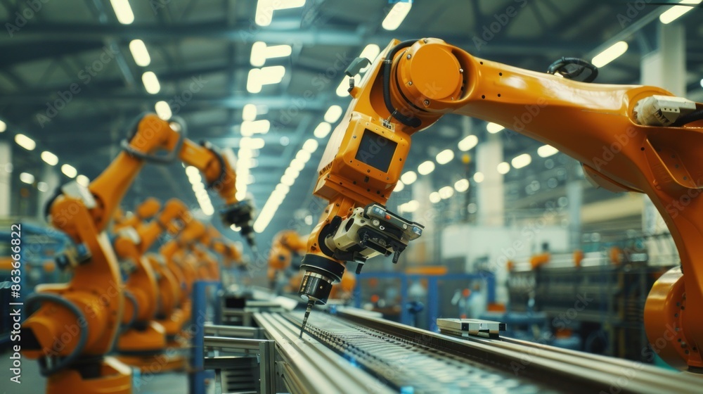 A skilled technical worker man operating robotic arms in an automated production line A skilled technical worker man operating robotic arms in an automated production line