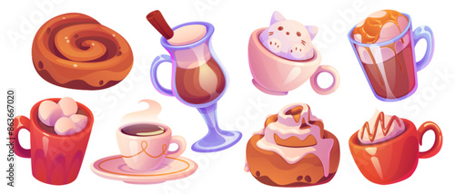 Latte coffee, chocolate drink and cinnamon cake illustration. Cute cinammon roll bun and cream frappe beverage with marshmallow. Spice cocktail glass or tea types for cafe menu for breakfast