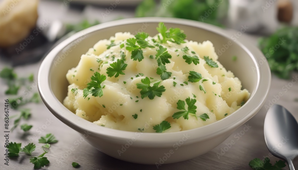 mashed potatoes a bowl decorated with parsley leaves mashed potatoes a bowl decorated with parsley leaves