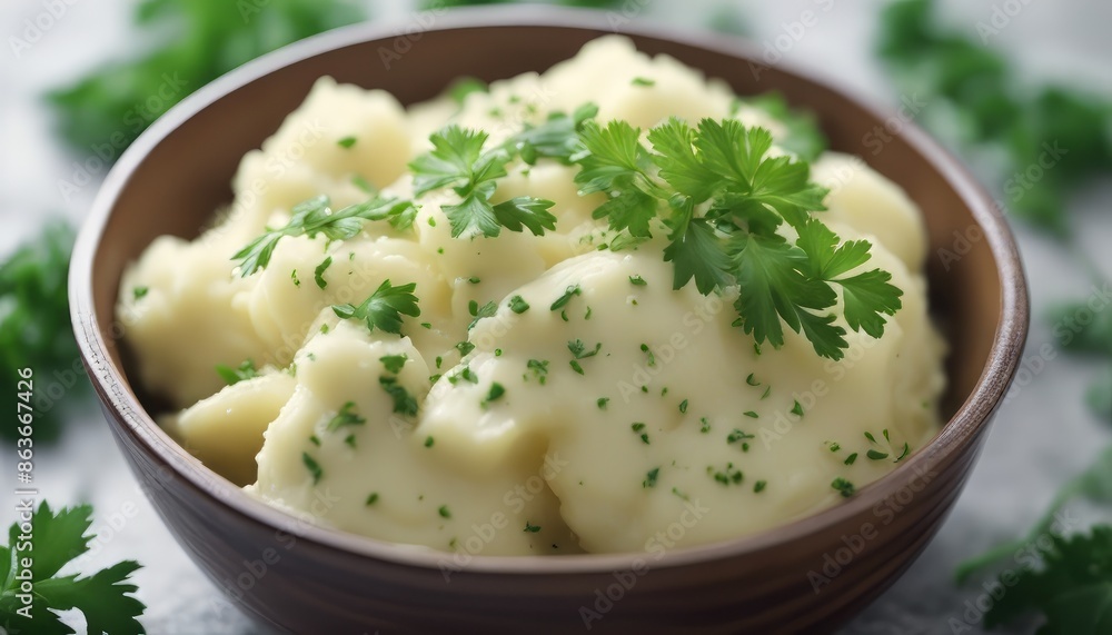 mashed potatoes a bowl decorated with parsley leaves mashed potatoes a bowl decorated with parsley leaves