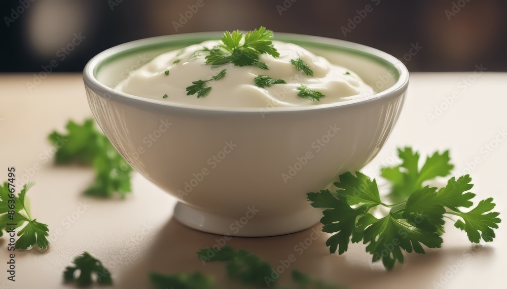 mayonaise a bowl decorated with parsley leaves mayonaise a bowl decorated with parsley leaves