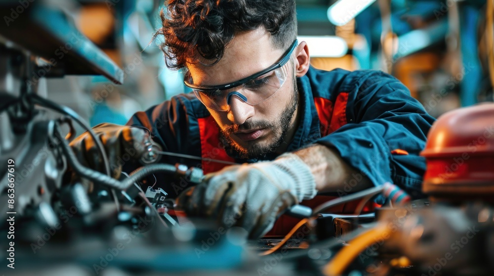 An efficient technical worker man using power tools to fabricate mechanical parts An efficient technical worker man using power tools to fabricate mechanical parts