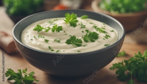 mayonaise a bowl decorated with parsley leaves