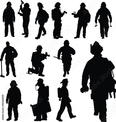 Set of silhouette of firefighter full body illustration. Fireman wearing bunker gear uniform.