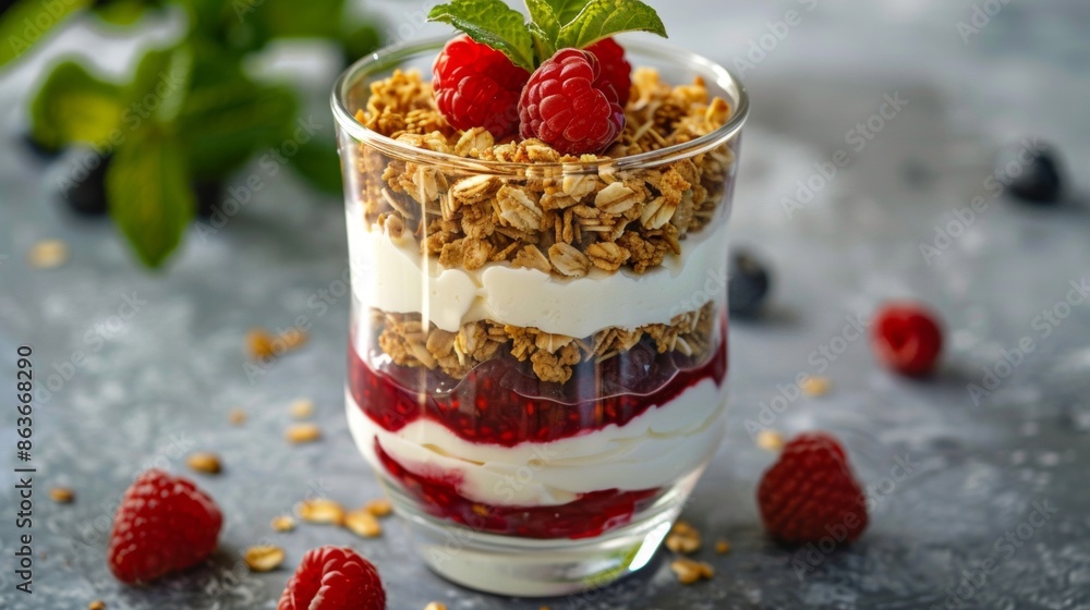 A delectable Greek yogurt parfait in a glass, featuring layers of creamy yogurt, crunchy granola, and fresh fruit A delectable Greek yogurt parfait in a glass, featuring layers of creamy yogurt, crunchy granola, and fresh fruit