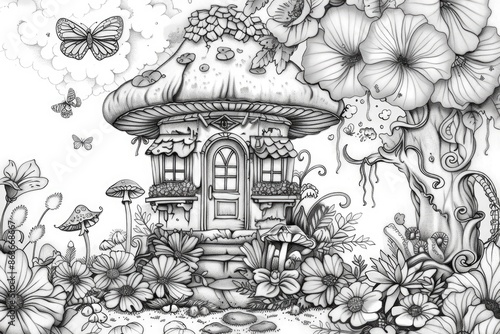 Wallpaper Mural A detailed black-and-white illustration of a magical mushroom house, adorned with intricate floral designs, butterflies, and various enchanting elements, perfect for coloring enthusiasts. Torontodigital.ca