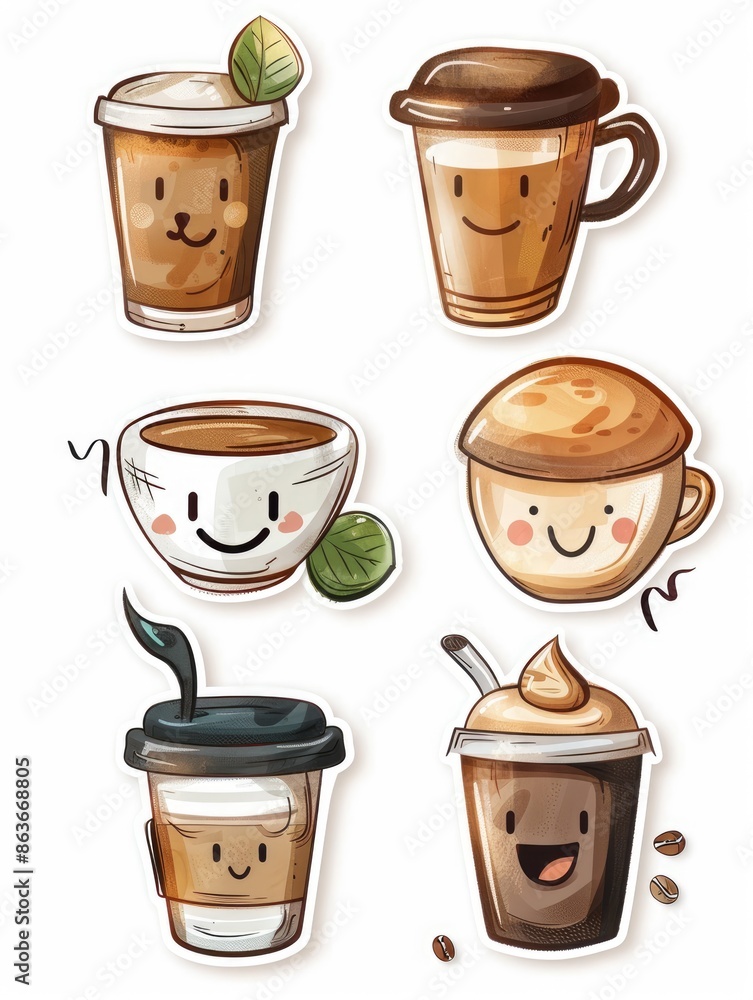 Obraz premium Assorted cute coffee cup characters on a sticker sheet