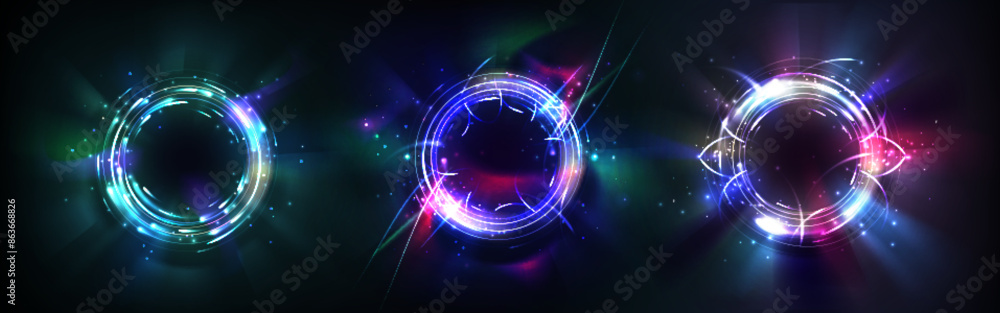 Obraz premium Neon halo effect light. Circle ring glow with blue flare. 3d round speed portal with magic energy. Radial hologram frame with beam and vortex for nightclub party. Visual electric shine sphere