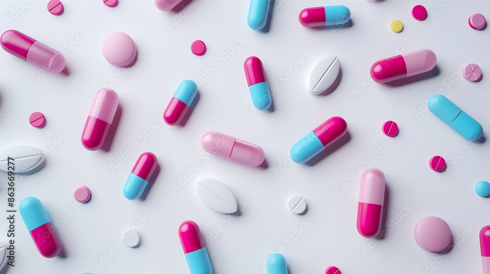 Colorful pills and tablets pattern on white background, 3d rendering , minimal concept of medicine or health care advertising banner with copy space for text Colorful pills and tablets pattern on white background, 3d rendering , minimal concept of medicine or health care advertising banner with copy space for text