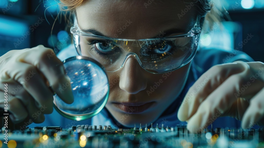 Close-up of a technical worker woman examining electronic components with a magnifying glass Close-up of a technical worker woman examining electronic components with a magnifying glass