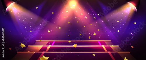 Gold light show stage. Abstract spotlight podium. Purple concert, winner ceremony studio with golden glitter, platform. Shiny bright night club event 3d stairs pedestal bg design. Sparkle flare scene