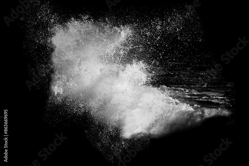 Breaking ocean wave isolated on dark background. Water splashes. Black and white illustration	