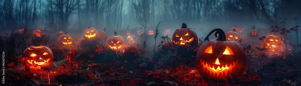 Obraz premium Jack-o'-lanterns glowing in a dark forest at night