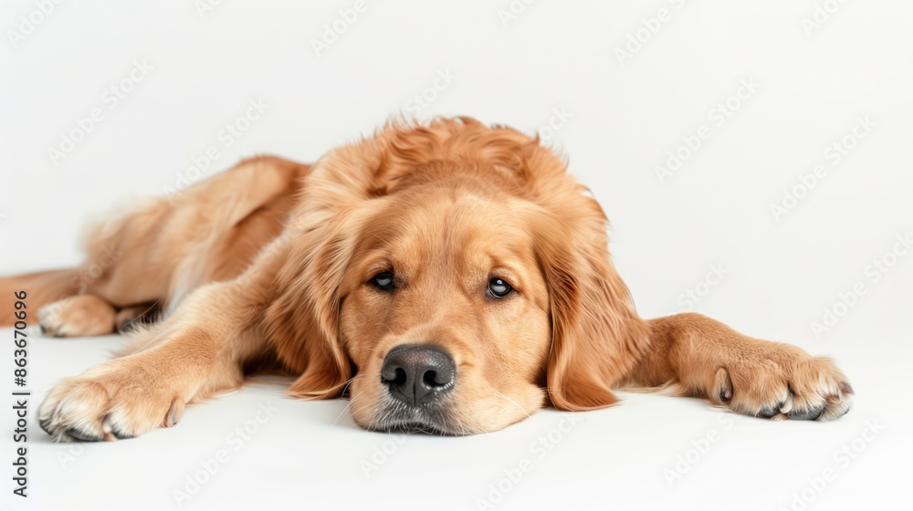 Golden retriever laying over white background Golden retriever laying over white background