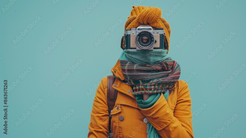 An imaginative portrait of a tourist where the head is replaced by a camera, set against a solid color background The image captures the fusion of a traditional traveler’s outfit, including a scarf An imaginative portrait of a tourist where the head is replaced by a camera, set against a solid color background The image captures the fusion of a traditional traveler’s outfit, including a scarf