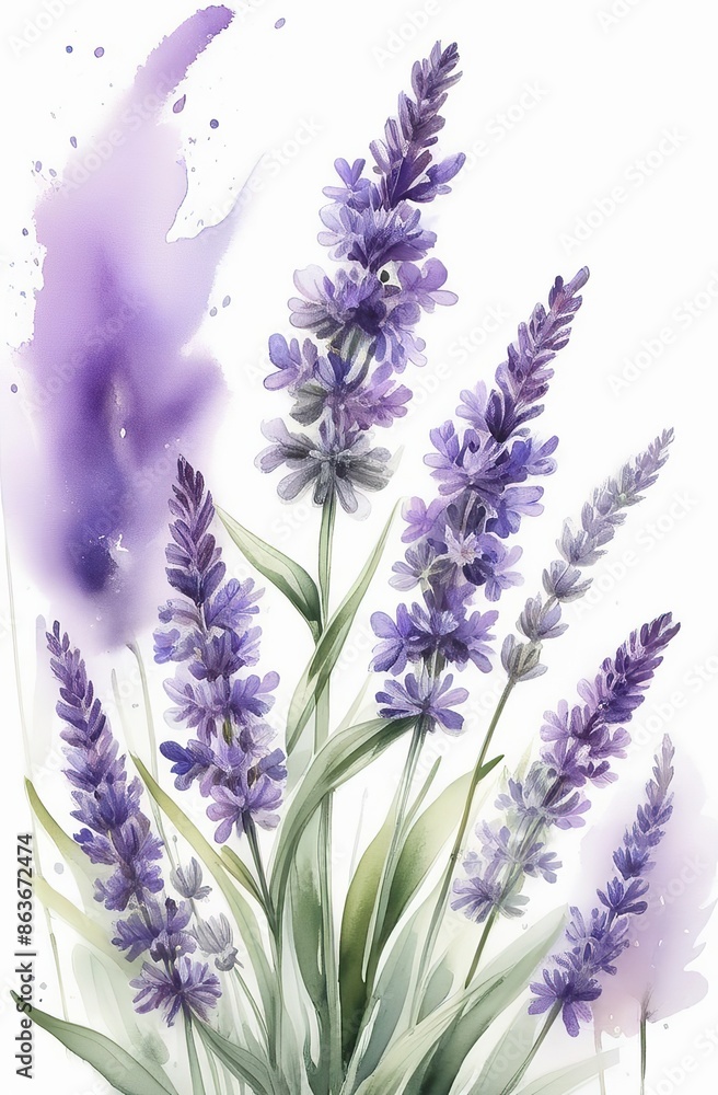 Naklejka premium Lavender watercolor background. Delicate flower bouquet on a white background. Spring-summer banner template