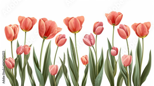 Beautiful row of pink and red tulips in full bloom, standing tall against a white background, showcasing vibrant colors.