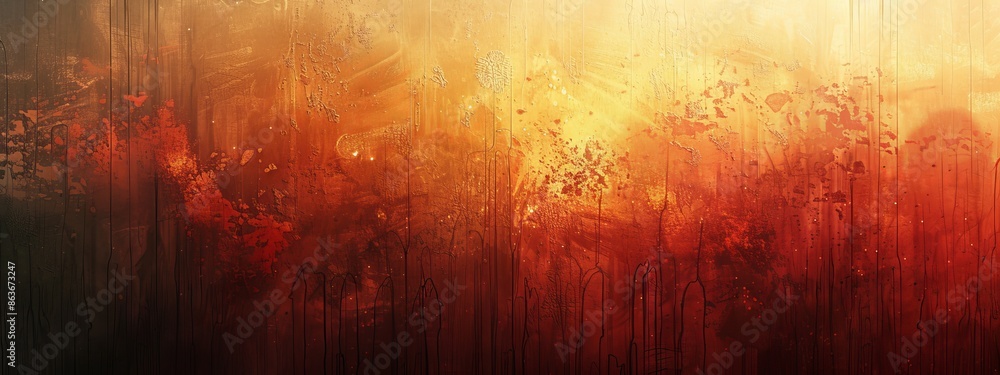 A red and yellow painting against a black and white backdrop; red and yellow design positioned to the painting's left A red and yellow painting against a black and white backdrop; red and yellow design positioned to the painting's left