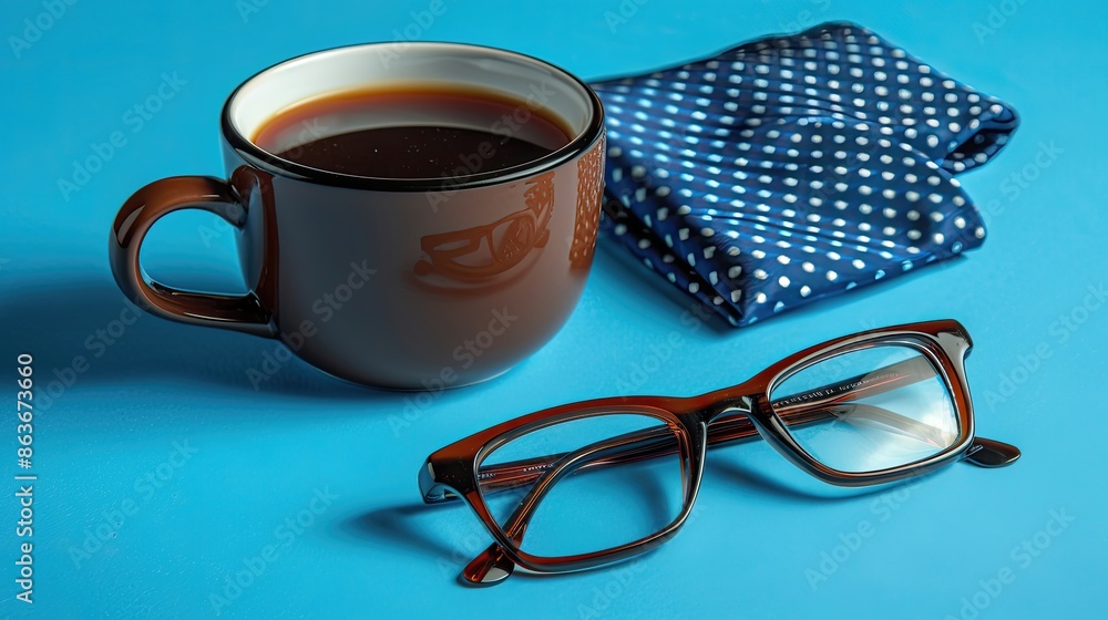A cup of coffee and a pair of glasses sit on a blue table A cup of coffee and a pair of glasses sit on a blue table