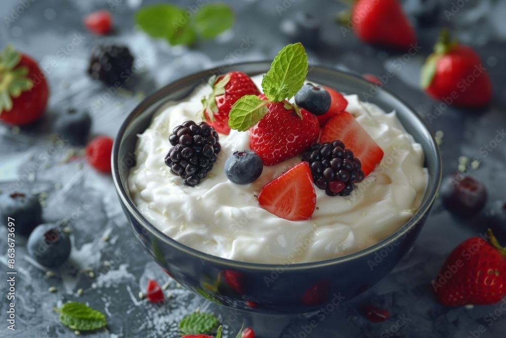A bowl filled with creamy Greek yogurt, adorned with a colorful assortment of fresh berries on top A bowl filled with creamy Greek yogurt, adorned with a colorful assortment of fresh berries on top