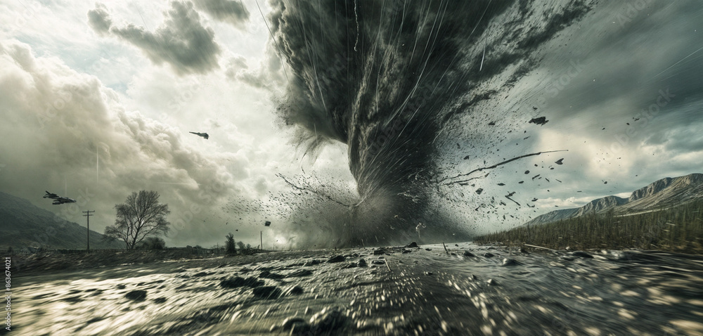Powerful tornado sweeping through the landscape with detailed clouds ...