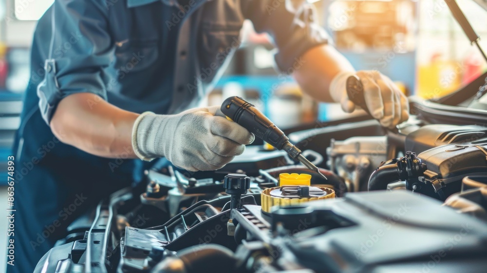 An experienced mechanic diagnosing and repairing a car issue, with space around for adding text or branding elements, highlighting expertise An experienced mechanic diagnosing and repairing a car issue, with space around for adding text or branding elements, highlighting expertise