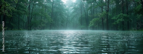  A forested clearing conceals a tranquil water body, with trees encircling its edges Raindrops patter against the water's surface, while fog permeates