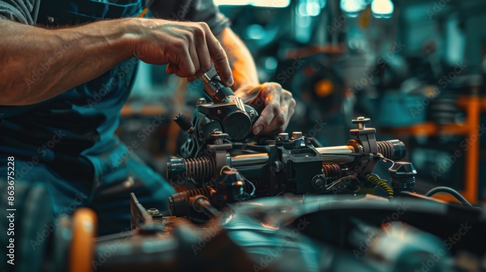 Close-up of a mechanic's hands carefully fitting a high-tech car concept part, with ample copy space for customization Close-up of a mechanic's hands carefully fitting a high-tech car concept part, with ample copy space for customization