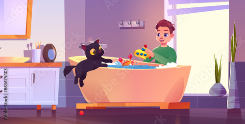 Cat jump in bath for grooming with boy child character. Cute spa appointment for pet to wash with foam bubble and toy. Bathtub, mirror, light from window and happy groomer kid in apartment for kitten