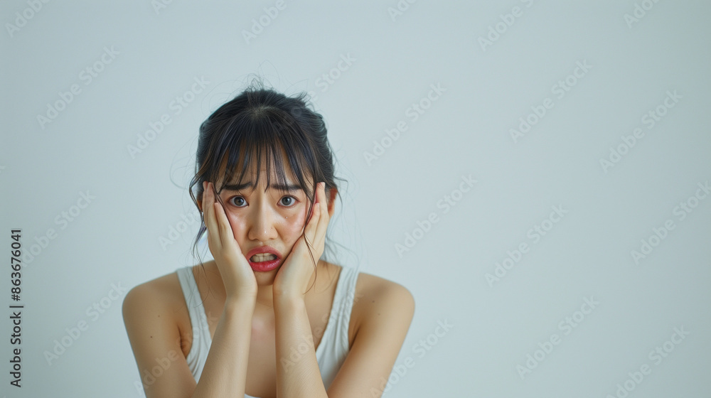 Beautiful Japanese woman sitting covering her ears while scared, Ai Generated Images