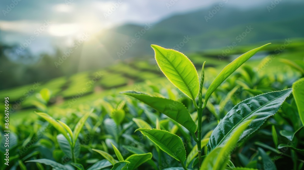 Obraz premium A tea plantation for harvesting the product. Fresh green tea leaves at the tea farm. An organic drink.
