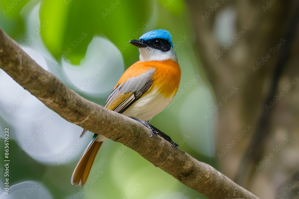 Paradise or Long-tailed Flycatcher on tree branch in forested area Paradise or Long-tailed Flycatcher on tree branch in forested area